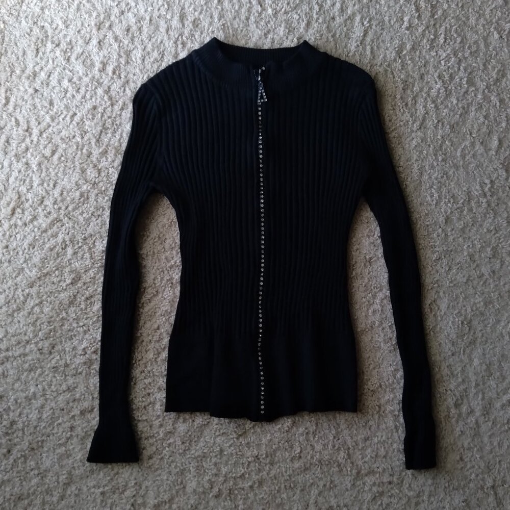 Vintage Y2K Questions by Say What Black Knit Zipped Rhinestone Sweater Size L